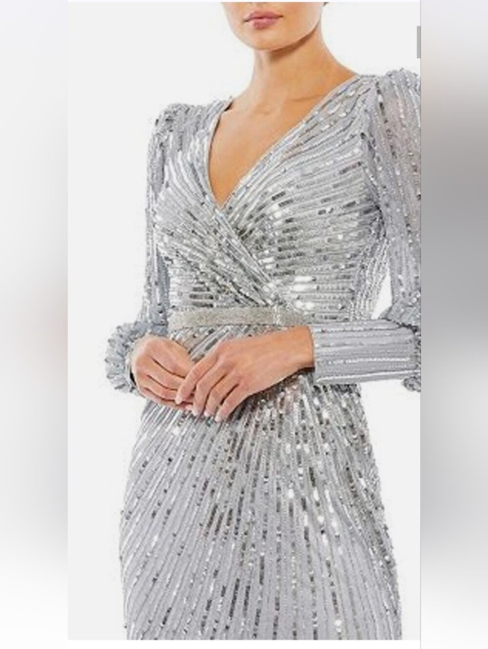 Mac Duggal Silver Sequin V-Neck Long Sleeve Gown